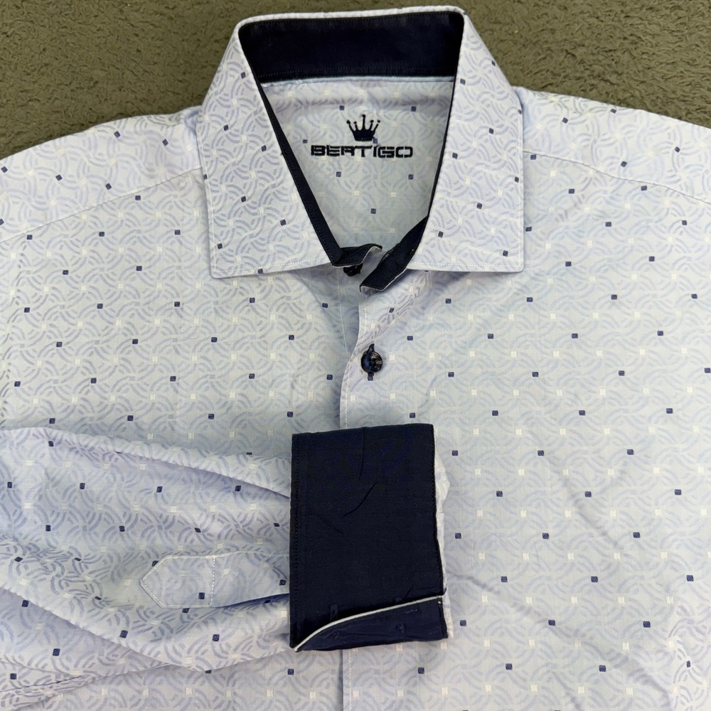 Bertigo Button Down Shirt Mens L Blue Geometric Print Contrast Cuff Long Sleeve